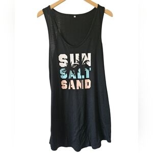 Women's Black Longline Relaxed Vacation Sleeveless Tank Top Swim Cover Up, Sz XL